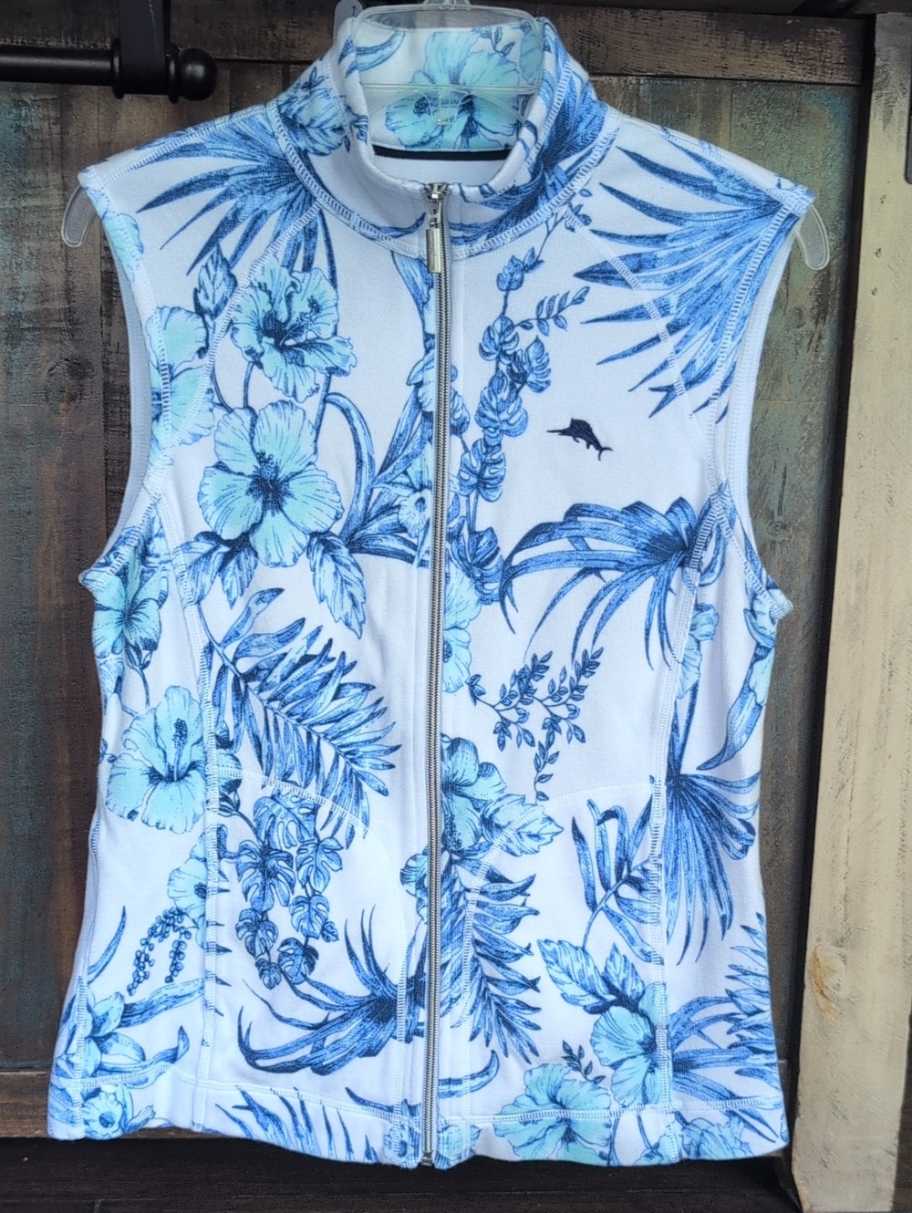 Tommy Bahama White & Blue Floral Zip-Up Sleeveless Vest